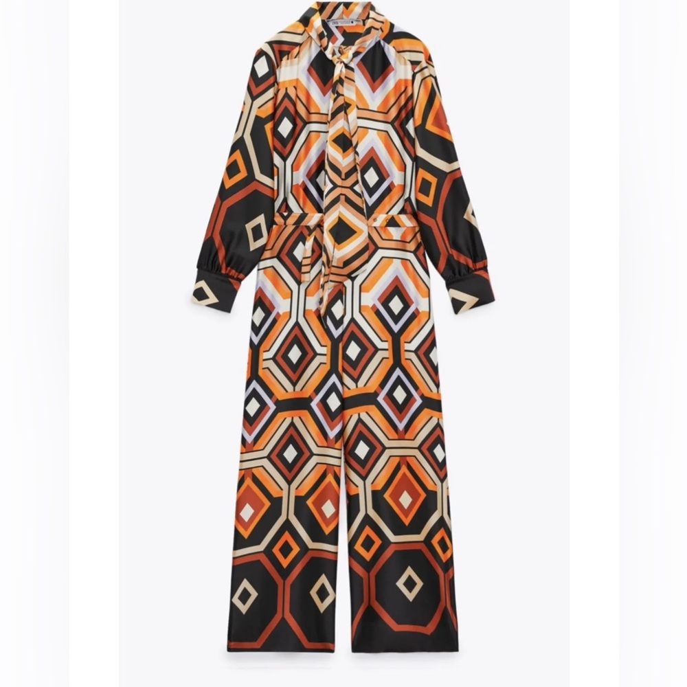 Zara Geometric Print Wide-Leg Jumpsuit in Orange, Black & Cream